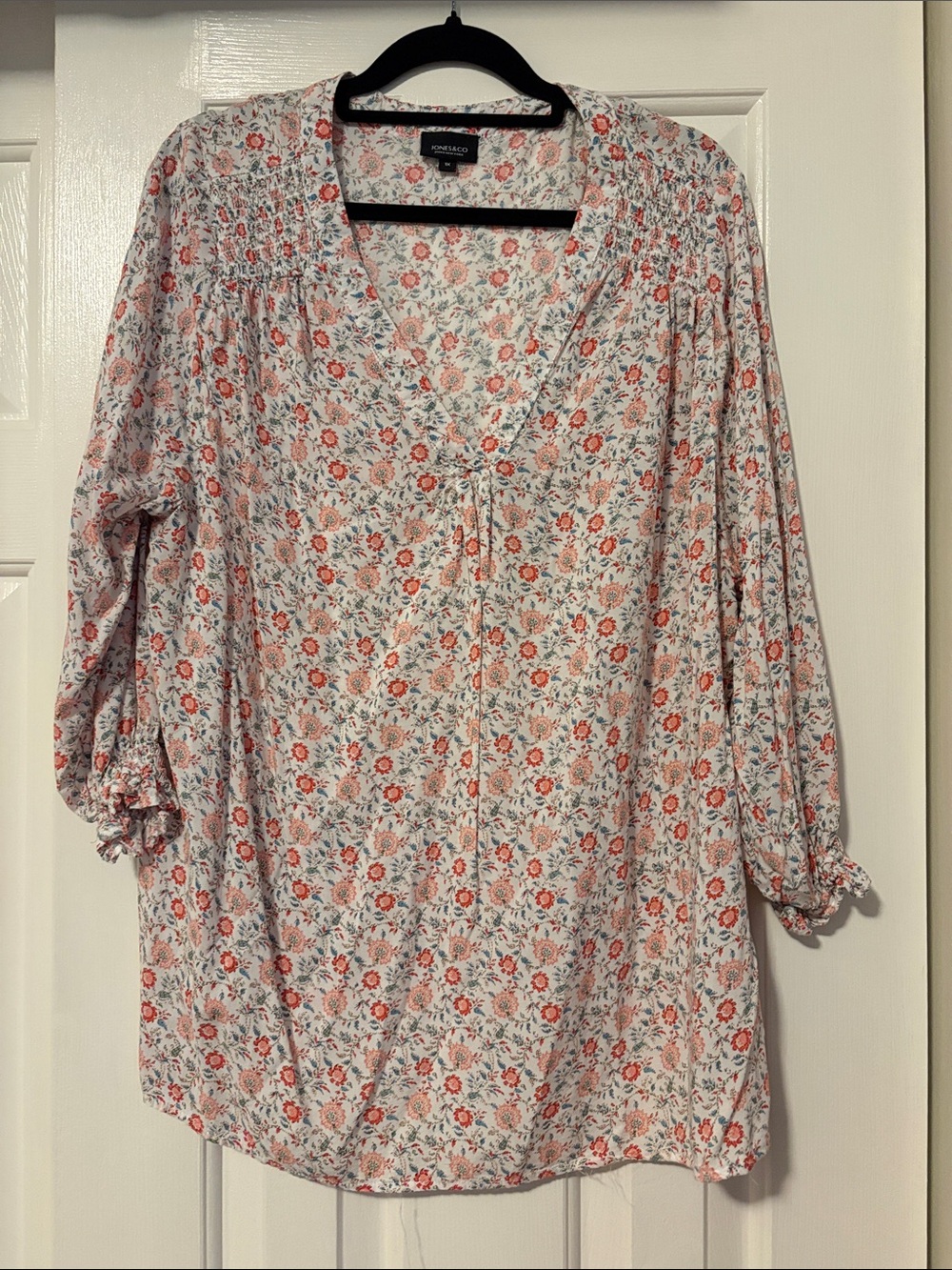 Jones & Co Cream Floral V-Neck Tunic with Coral and Sage Print